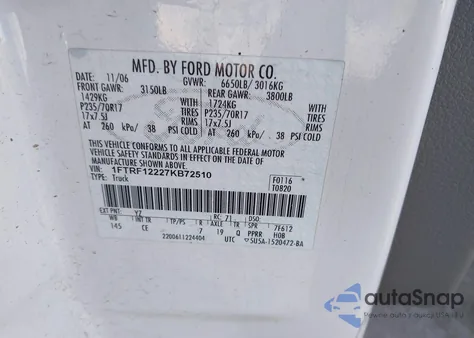 2007 Ford F-150 Stx/Xl/Xlt z USA, uszkodzony, nr VIN 1FTRF12227KB72510